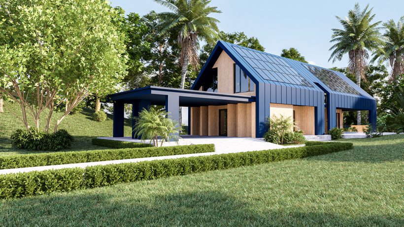 maison moderne avec des panneaux photovoltaïques sur le toit